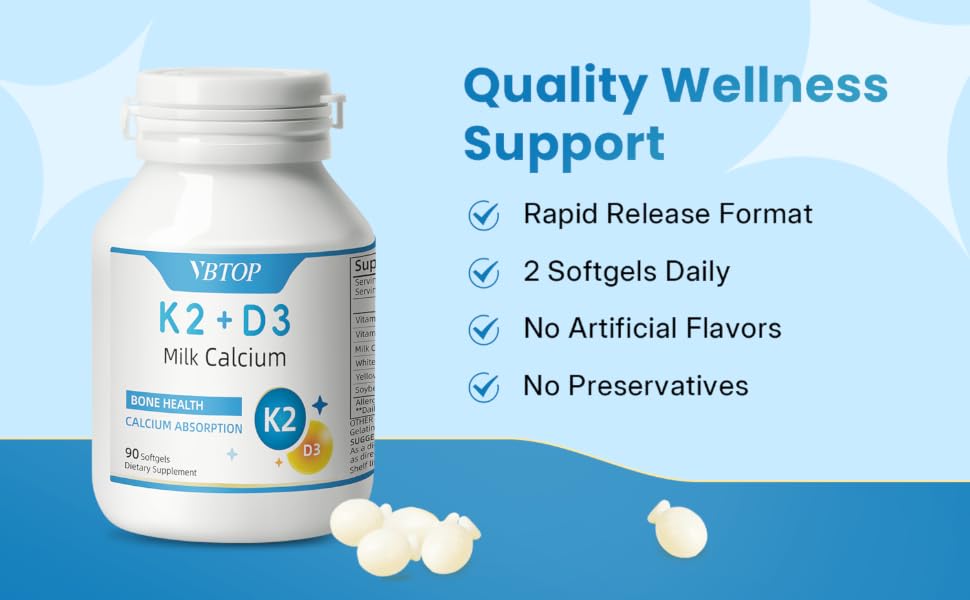 VBTOP Milk Calcium 800mg with Vitamin D3 & K2, Easy-Absorb, 90 Softgels feature detail 3