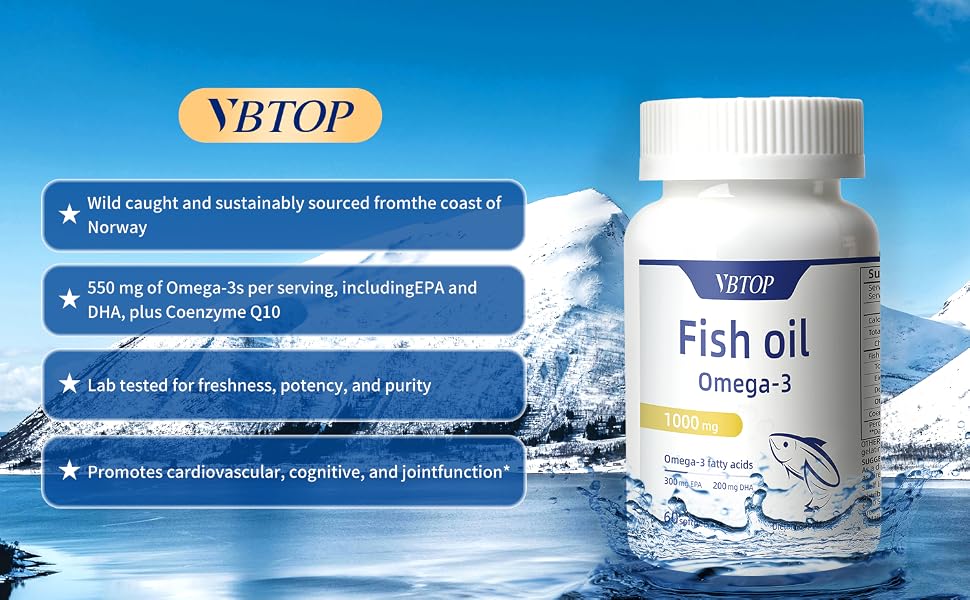 VBTOP 2 Bottles Fish Oil Omega 3 Supplement 1000 mg with EPA and DHA 120 softgels feature detail 2