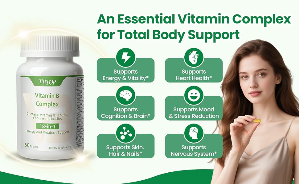 VBTOP Vitamin B Complex, with Vitamins B1, B2, B3, B5, B6, B12 120 Tablets feature detail 2