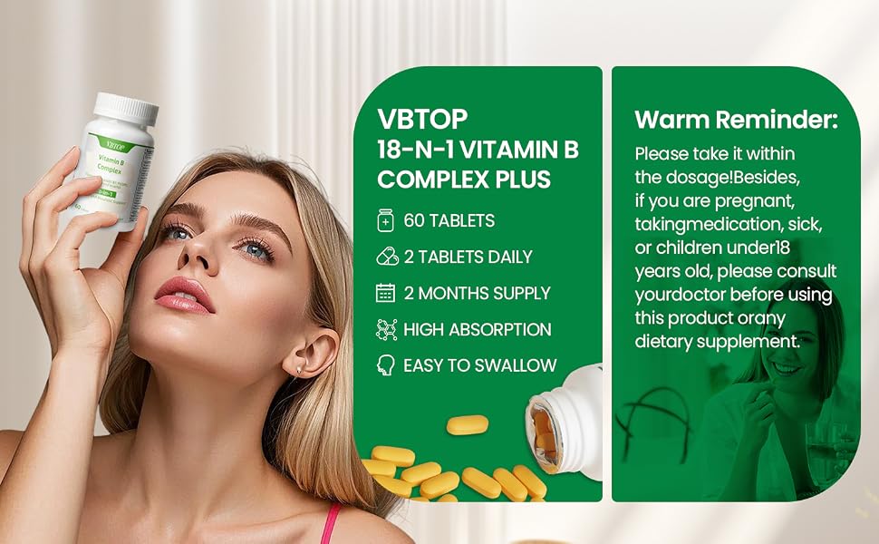 VBTOP Vitamin B Complex, with Vitamins B1, B2, B3, B5, B6, B12 120 Tablets feature detail 5