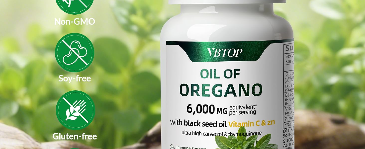 VBTOP 2 Bottles Oregano Oil with Black Seed Oil, Vitamin C and Zinc, 180 Softgels feature detail 2