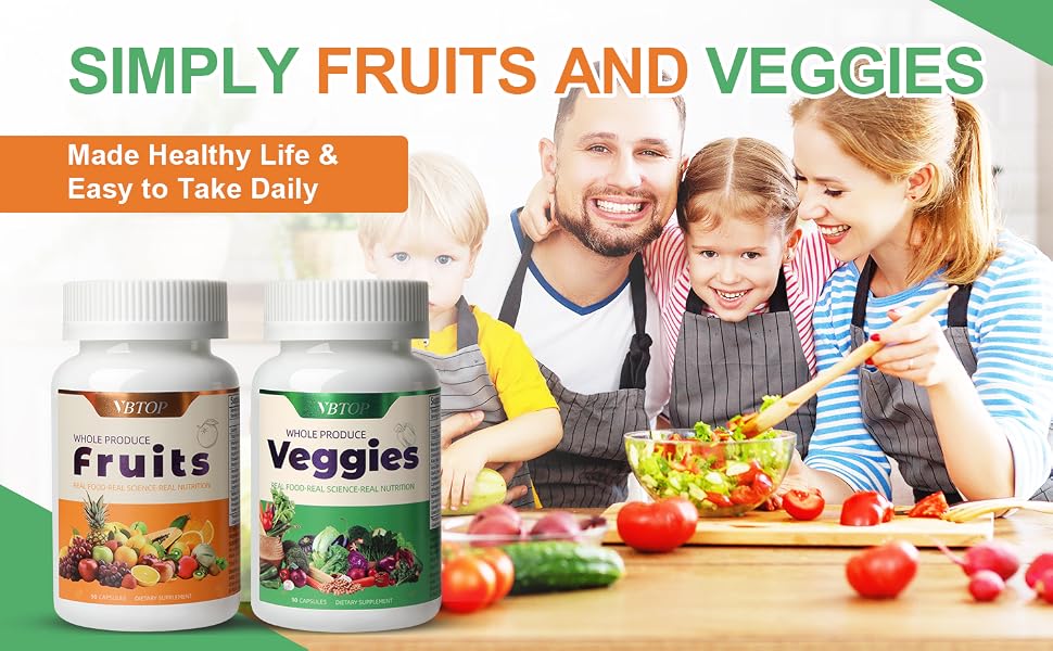 VBTOP Fruit & Vegetable Supplement, Natural Ingredients - 2 Bottles, 180 Capsules feature detail 1