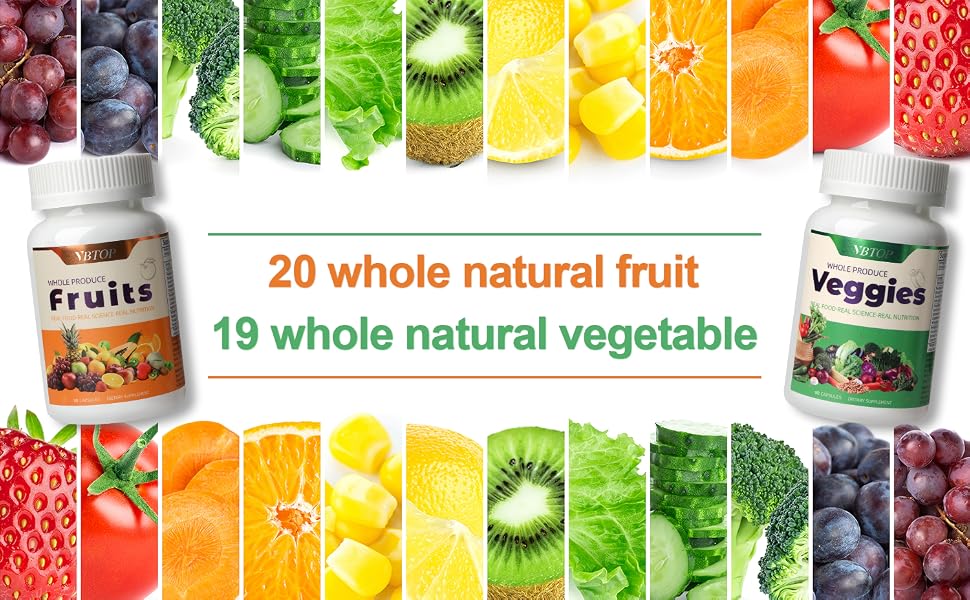 VBTOP Fruit & Vegetable Supplement, Natural Ingredients - 2 Bottles, 180 Capsules feature detail 6