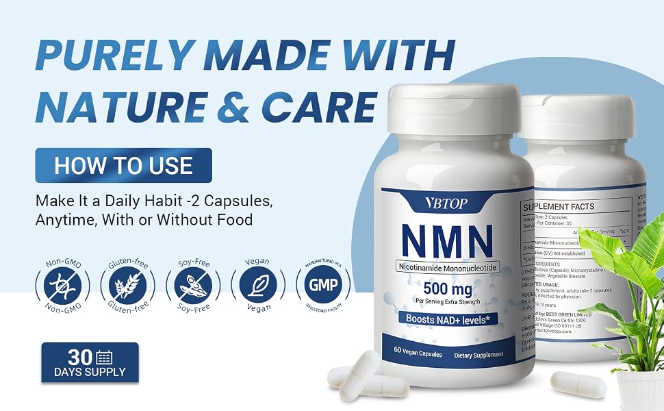 VBTOP NMN (Nicotinamide Mononucleotide) 500mg Supplement, 60 Vegan Capsules feature detail 5
