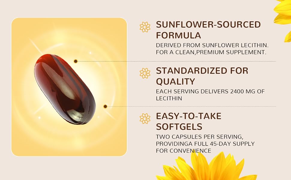 VBTOP Sunflower Lecithin 2400 mg 90 Softgels Rich in Phosphatidyl Choline feature detail 3