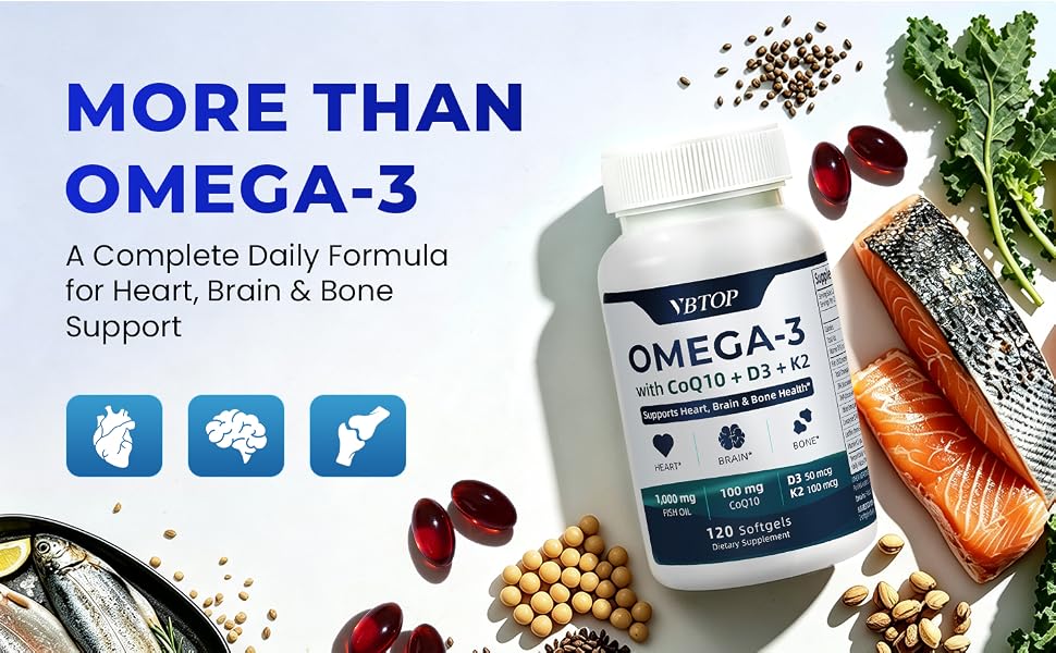VBTOP Omega‑3 Fish Oil CoQ10 Vitamin D3 K2 MK-7 Heart Support 120 Softgels feature detail 1